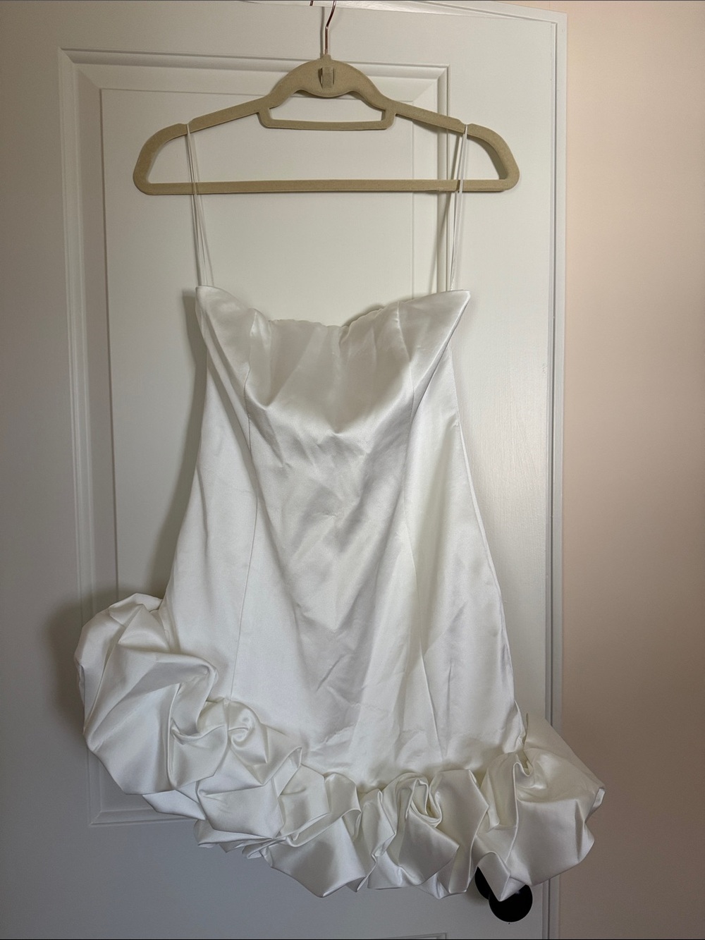 Meshki White Strapless Ruffled Satin Mini Dress